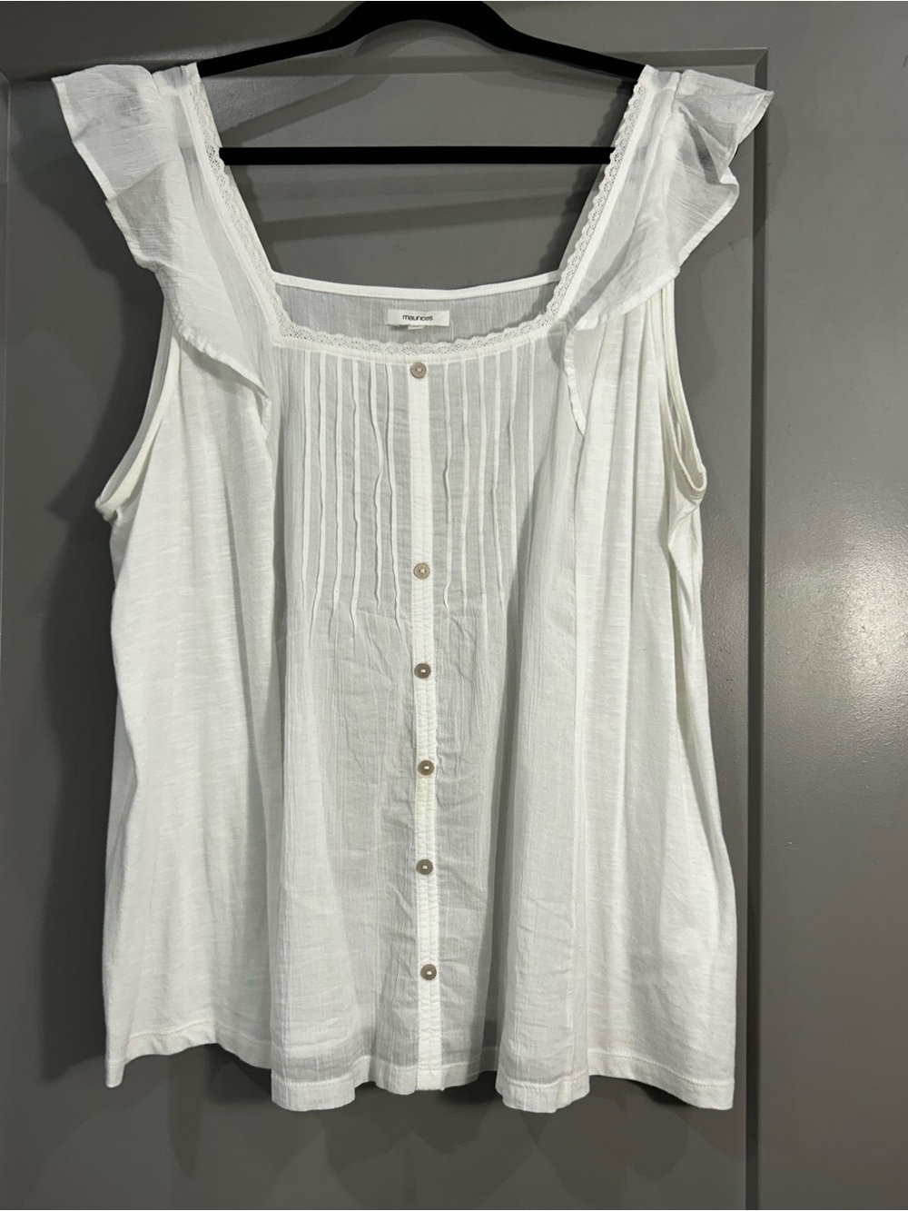 Maurices | Ruffle-Trim Button Front Sleeveless Top | Women’s | White | 1X